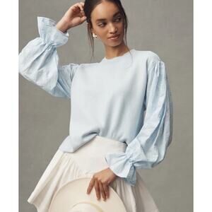 Anthropologie Floral Puff Sleeve Sweater Light Blue Size M